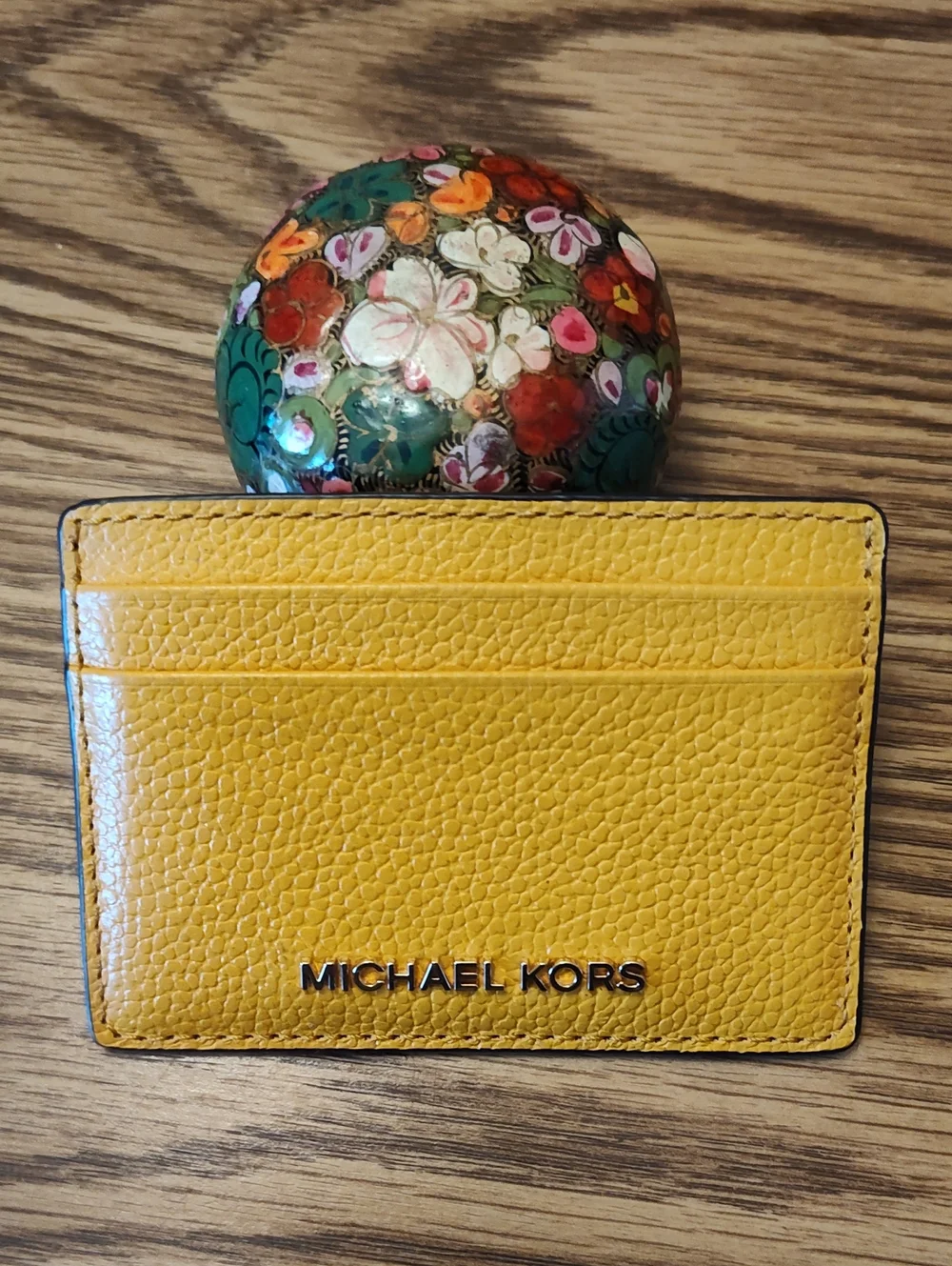 Michael Kors Yellow Pebbled Leather Card Case with Logo Plaque